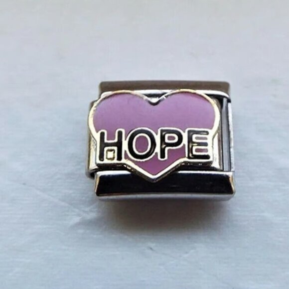 Hope on pink heart enamel 9mm stainless steel Italian charm bracelet link new - Picture 1 of 2
